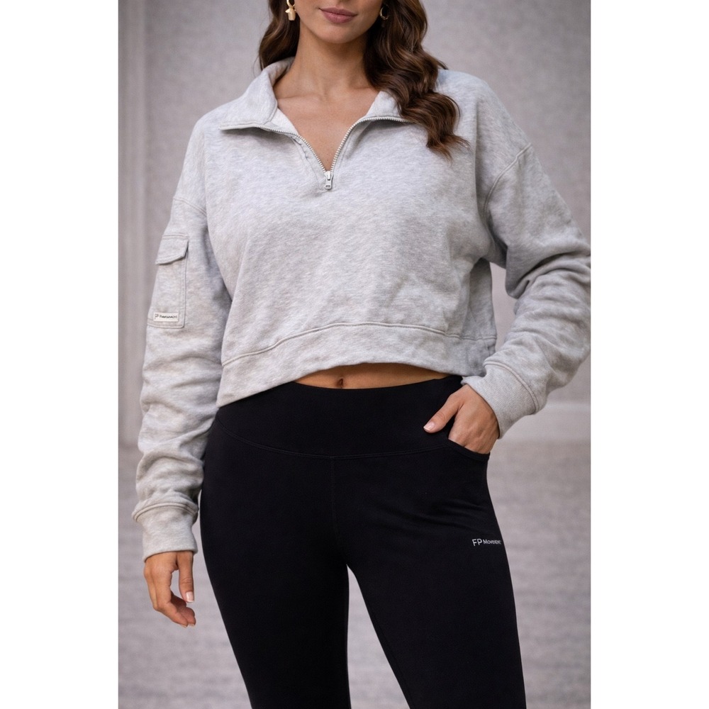 Free People Grey Cotton Cropped‎ Collared Sweatshirt Pocket Detail Size L
